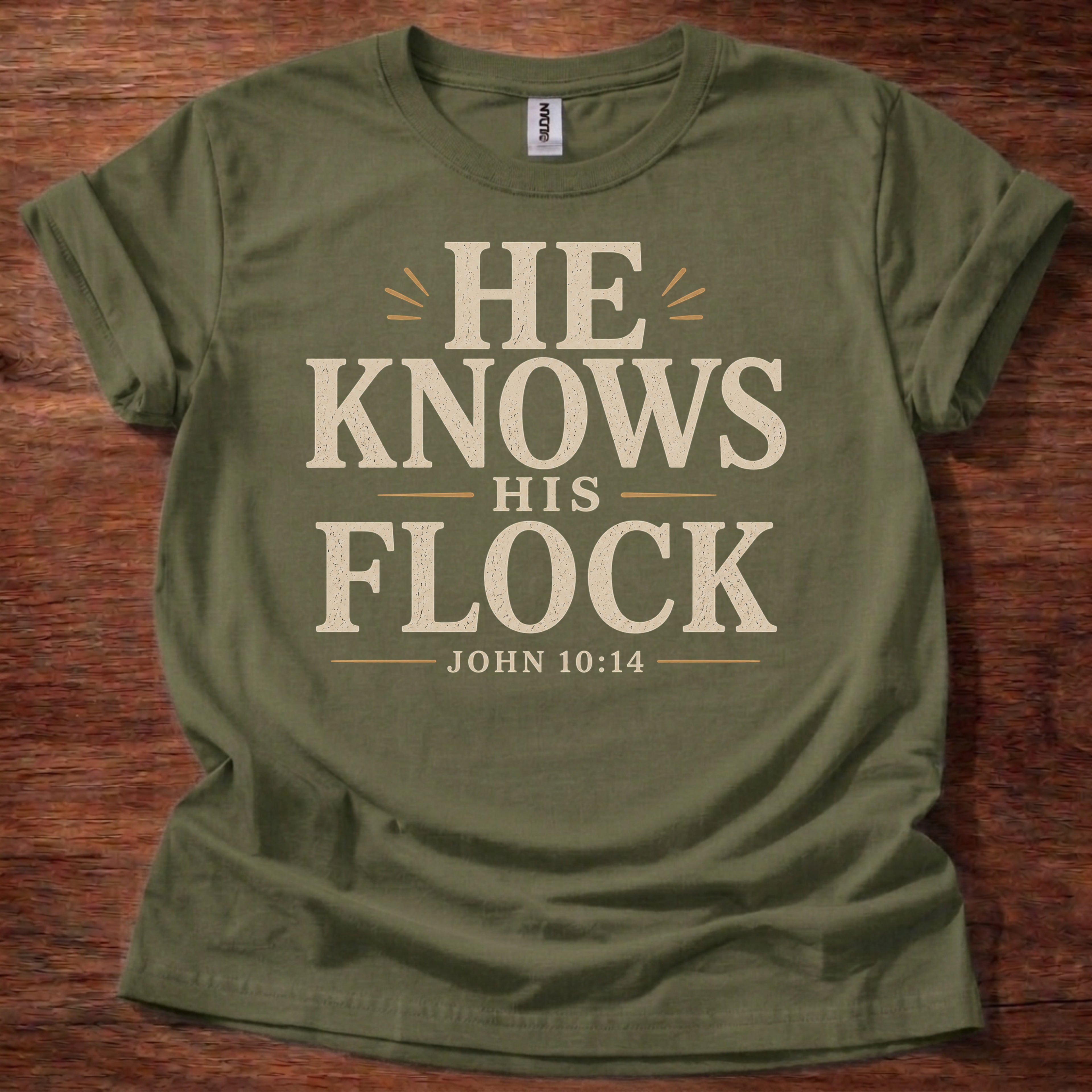 Military Green He Knows His Flock Christian shirt John 10:14 Bible verse t-shirt with vintage typography design