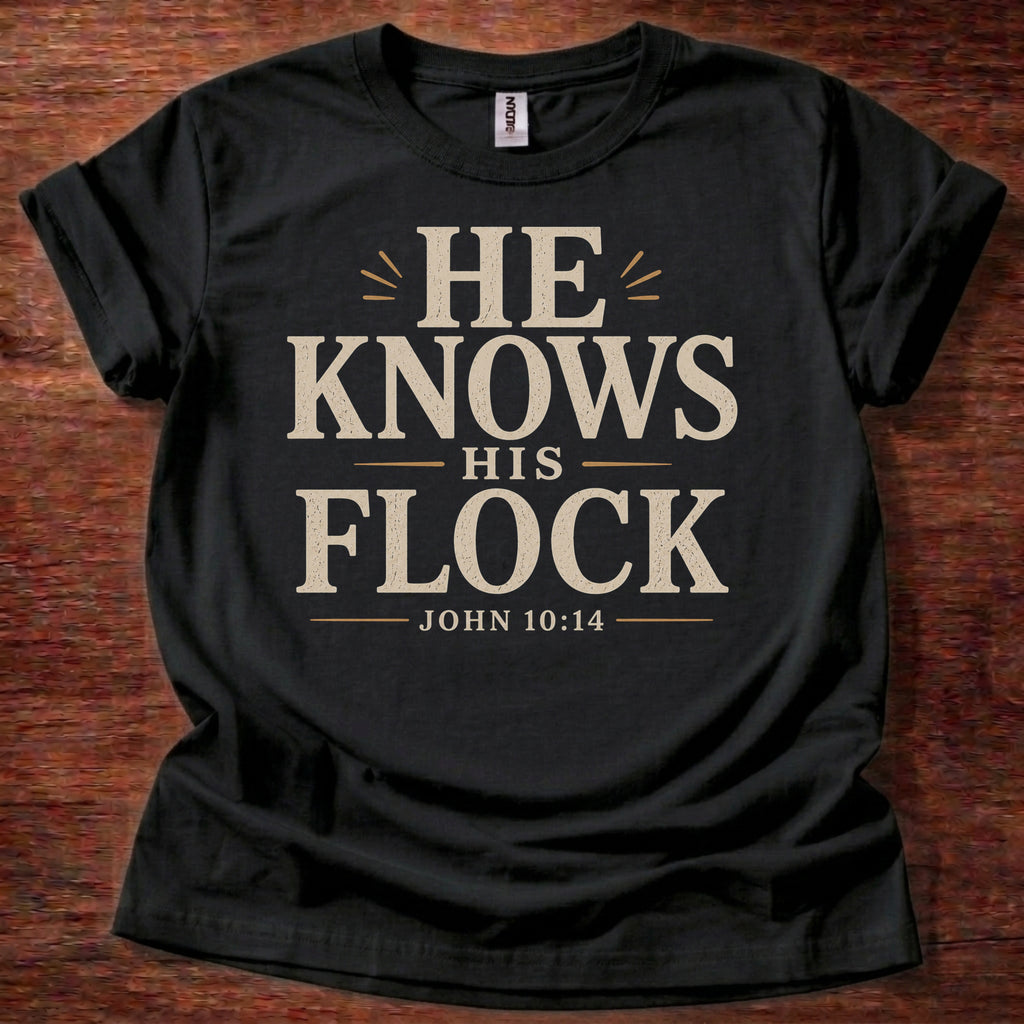 Black He Knows His Flock Christian shirt John 10:14 Bible verse t-shirt with vintage typography design
