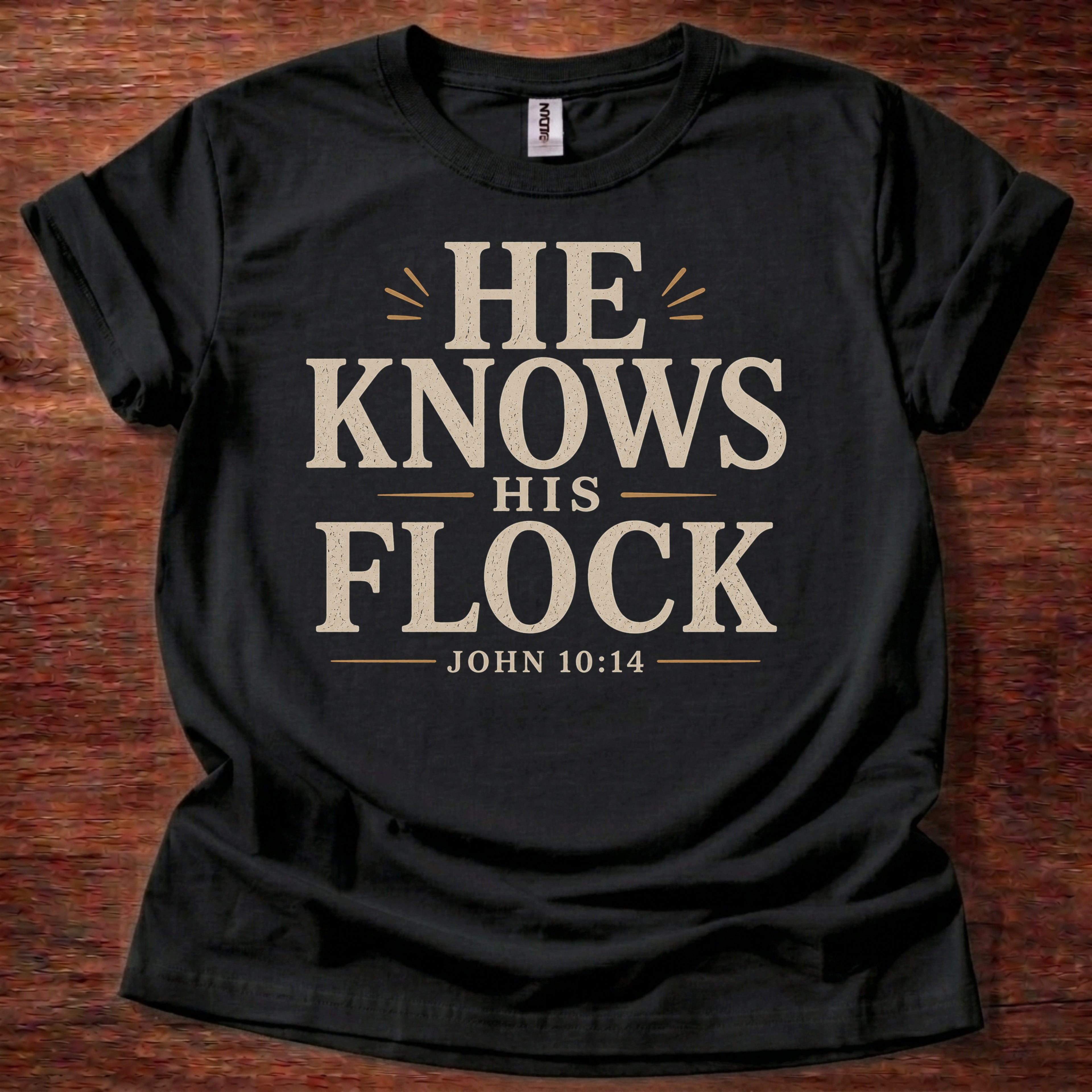 Black He Knows His Flock Christian shirt John 10:14 Bible verse t-shirt with vintage typography design