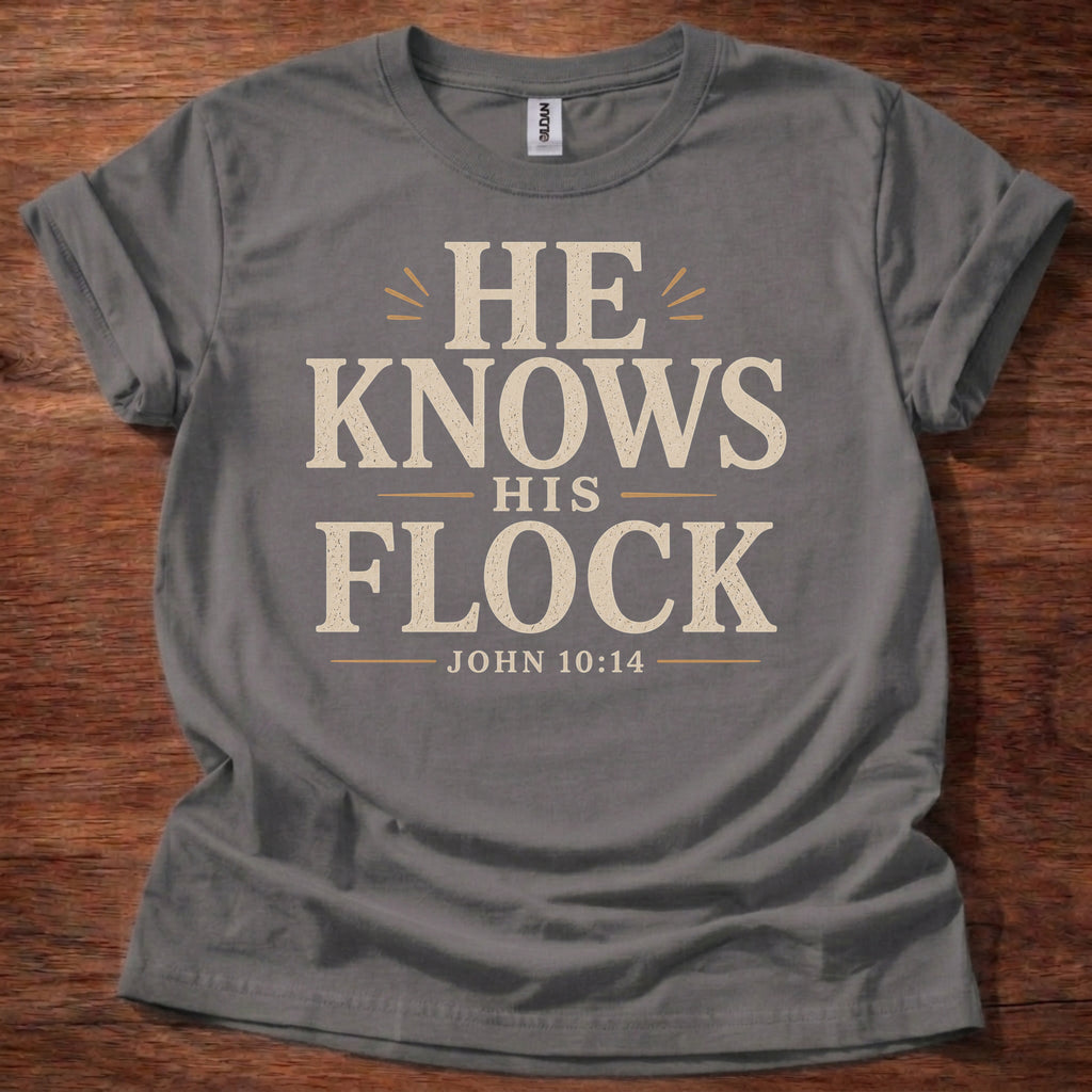 Charcoal He Knows His Flock Christian shirt John 10:14 Bible verse t-shirt with vintage typography design