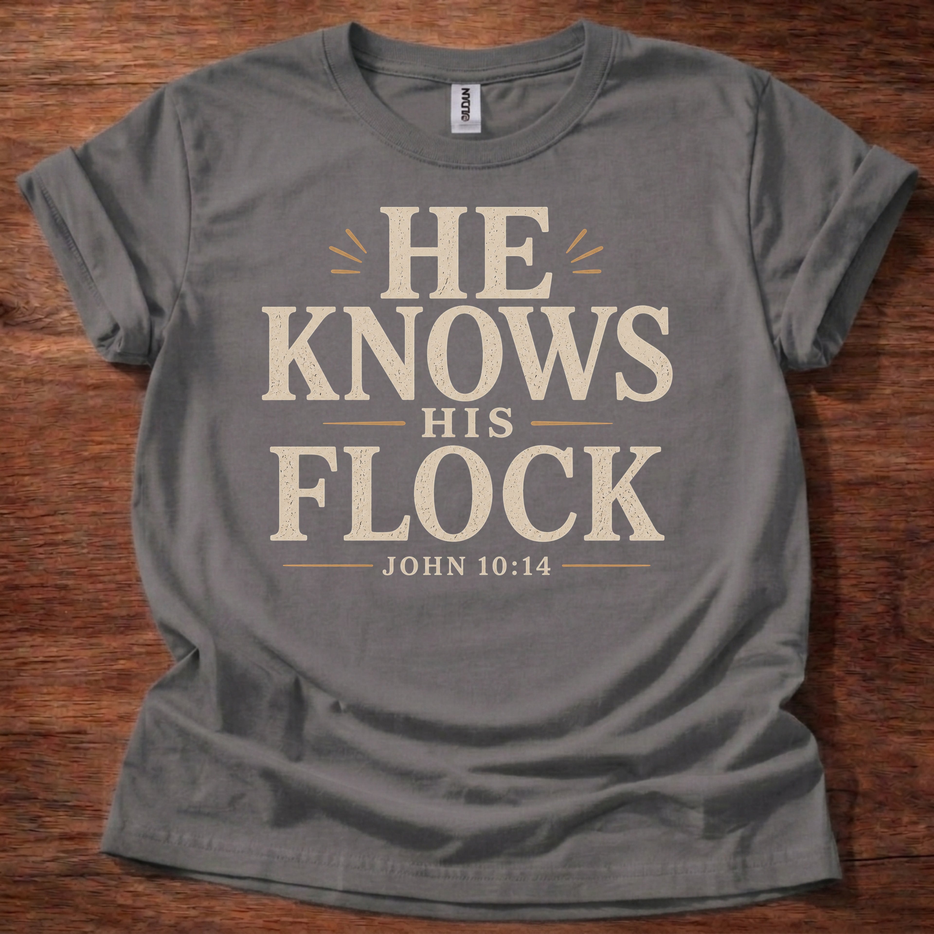 Charcoal He Knows His Flock Christian shirt John 10:14 Bible verse t-shirt with vintage typography design