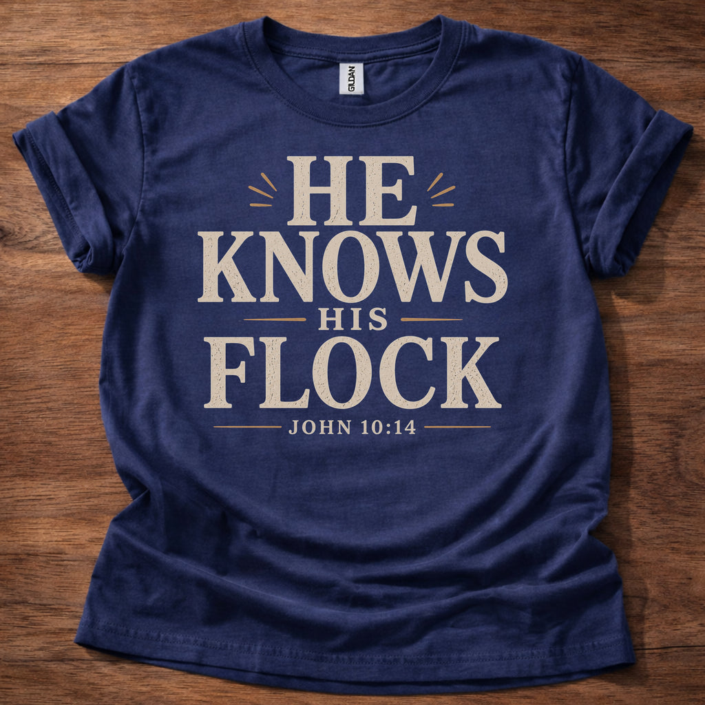 Navy He Knows His Flock Christian shirt John 10:14 Bible verse t-shirt with vintage typography design