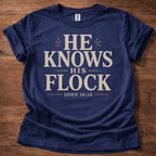 Navy He Knows His Flock Christian shirt John 10:14 Bible verse t-shirt with vintage typography design