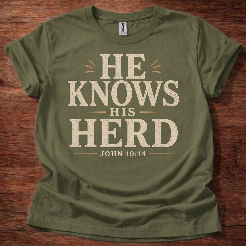 Military Green He Knows His Herd Christian shirt John 10:14 Bible verse t-shirt with vintage typography design