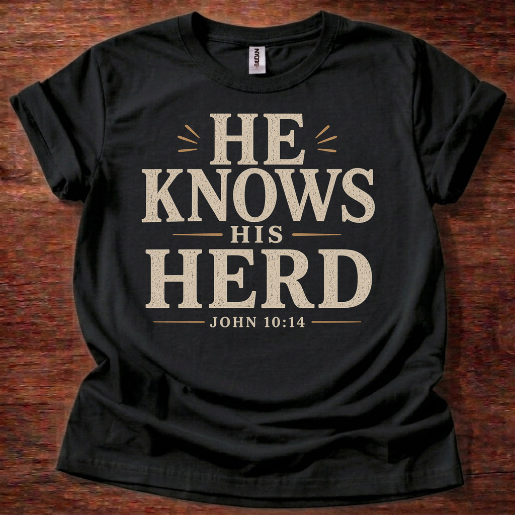 Black He Knows His Herd Christian shirt John 10:14 Bible verse t-shirt with vintage typography design