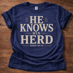 Navy He Knows His Herd Christian shirt John 10:14 Bible verse t-shirt with vintage typography design