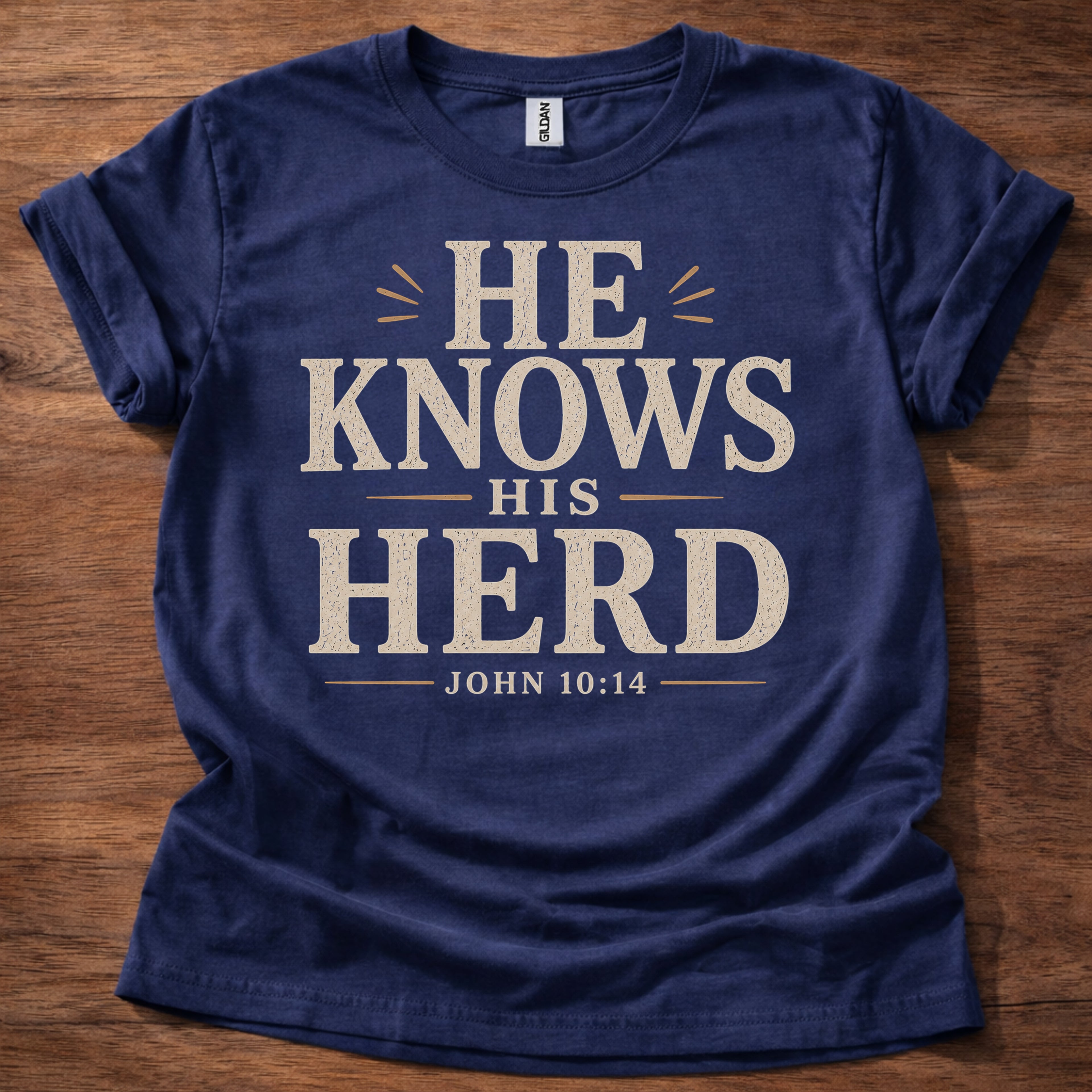 Navy He Knows His Herd Christian shirt John 10:14 Bible verse t-shirt with vintage typography design