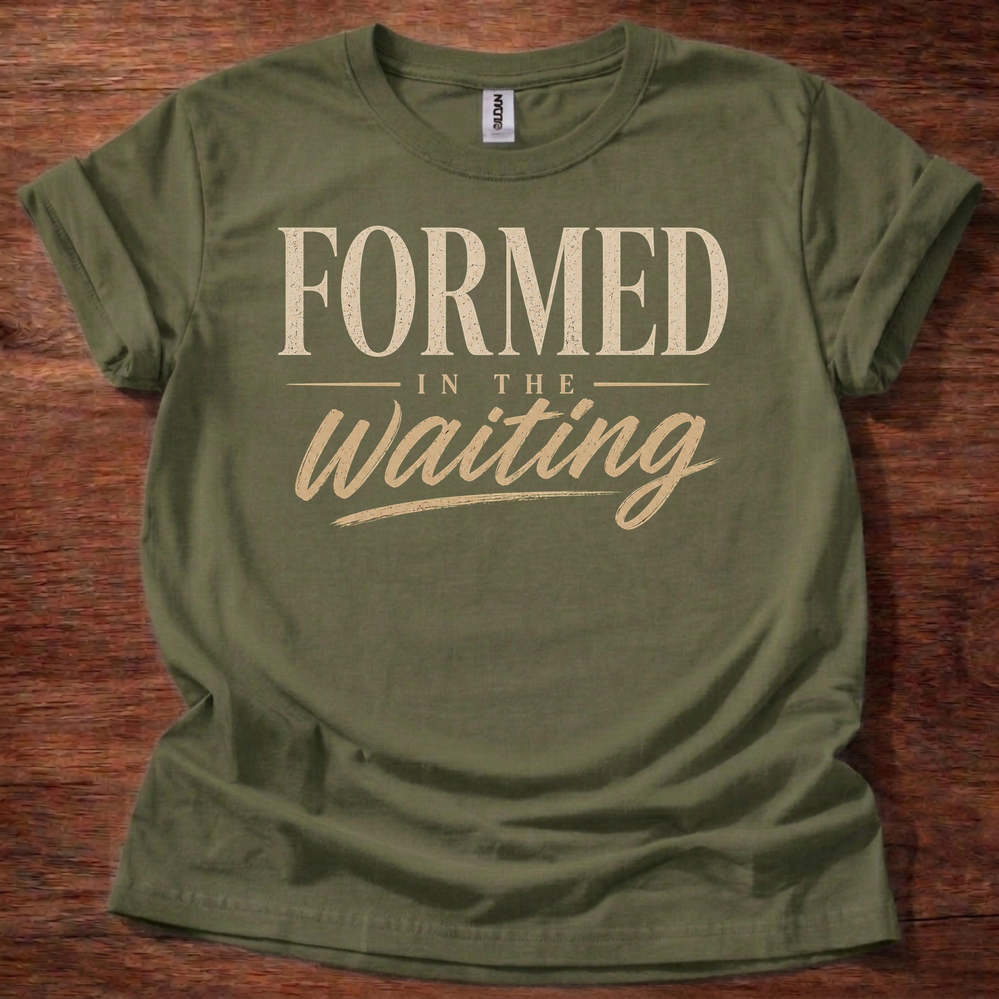 Military green Formed in the Waiting Christian shirt with inspirational faith typography design on black t-shirt