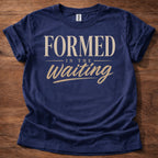 Navy Formed in the Waiting Christian shirt with inspirational faith typography design on black t-shirt
