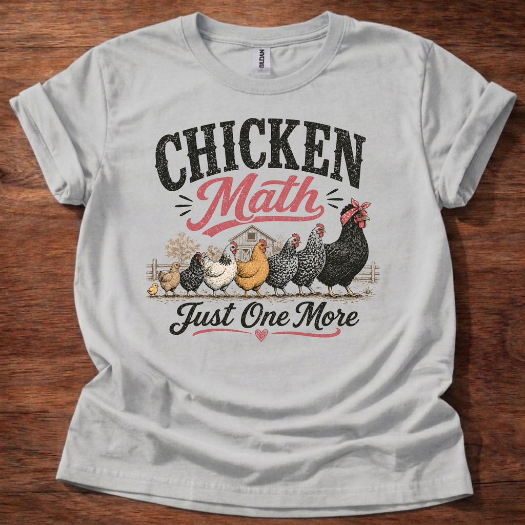Sport Grey Chicken Math Just One More shirt with multiple chickens graphic on beige t-shirt, funny chicken lover farm life design