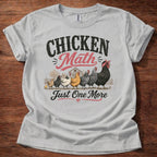 Sport Grey Chicken Math Just One More shirt with multiple chickens graphic on beige t-shirt, funny chicken lover farm life design