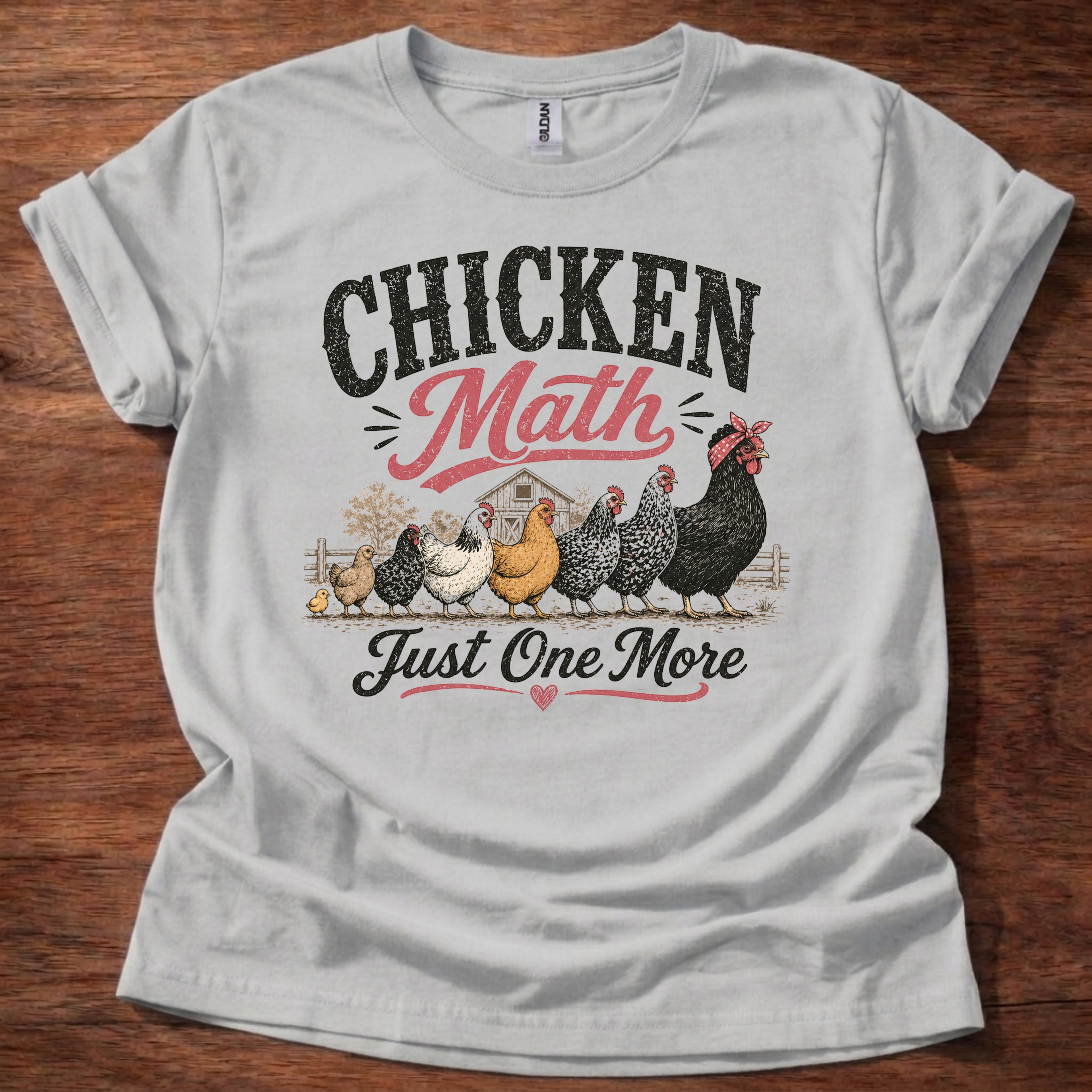 Sport Grey Chicken Math Just One More shirt with multiple chickens graphic on beige t-shirt, funny chicken lover farm life design