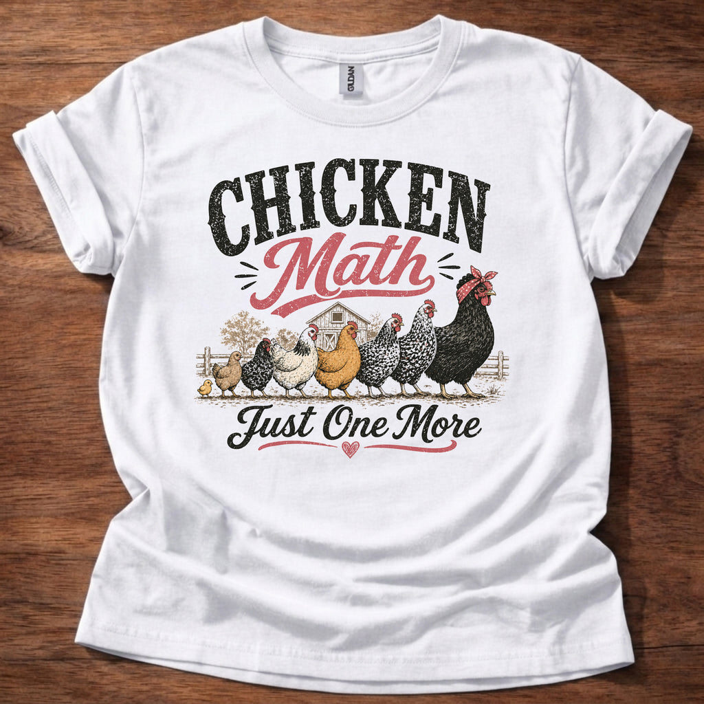 White Chicken Math Just One More shirt with multiple chickens graphic on beige t-shirt, funny chicken lover farm life design