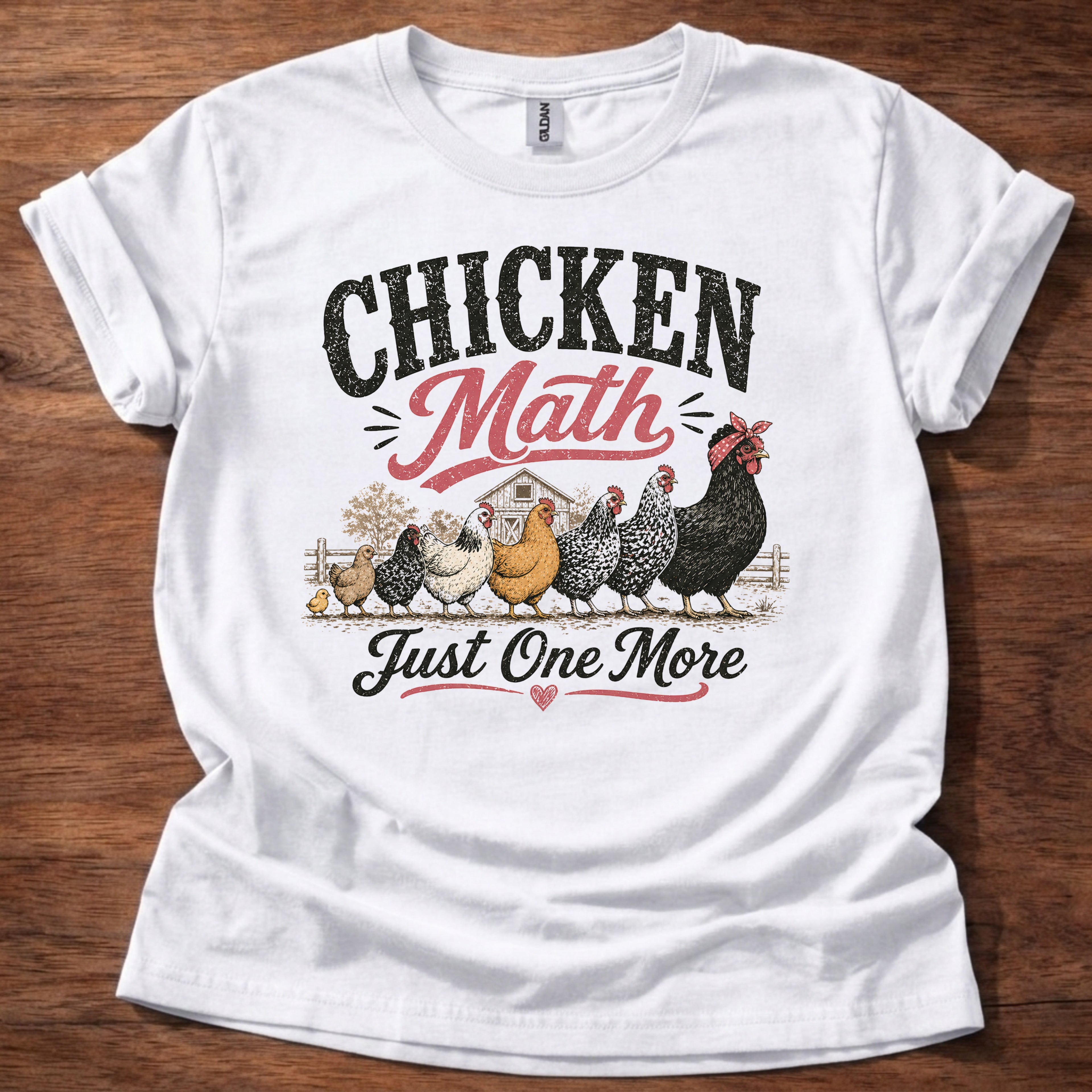 White Chicken Math Just One More shirt with multiple chickens graphic on beige t-shirt, funny chicken lover farm life design