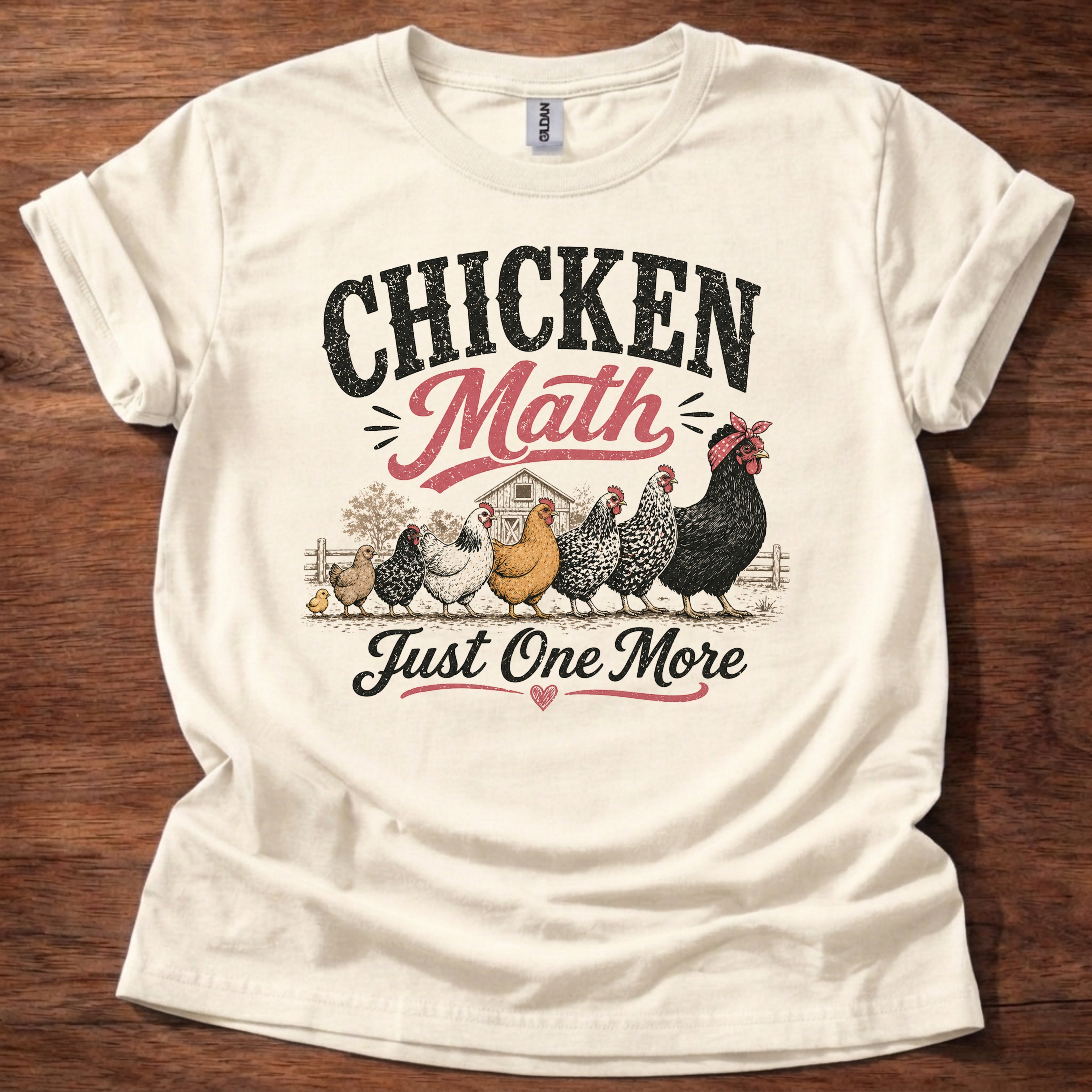 Natural Color Chicken Math Just One More shirt with multiple chickens graphic on beige t-shirt, funny chicken lover farm life design