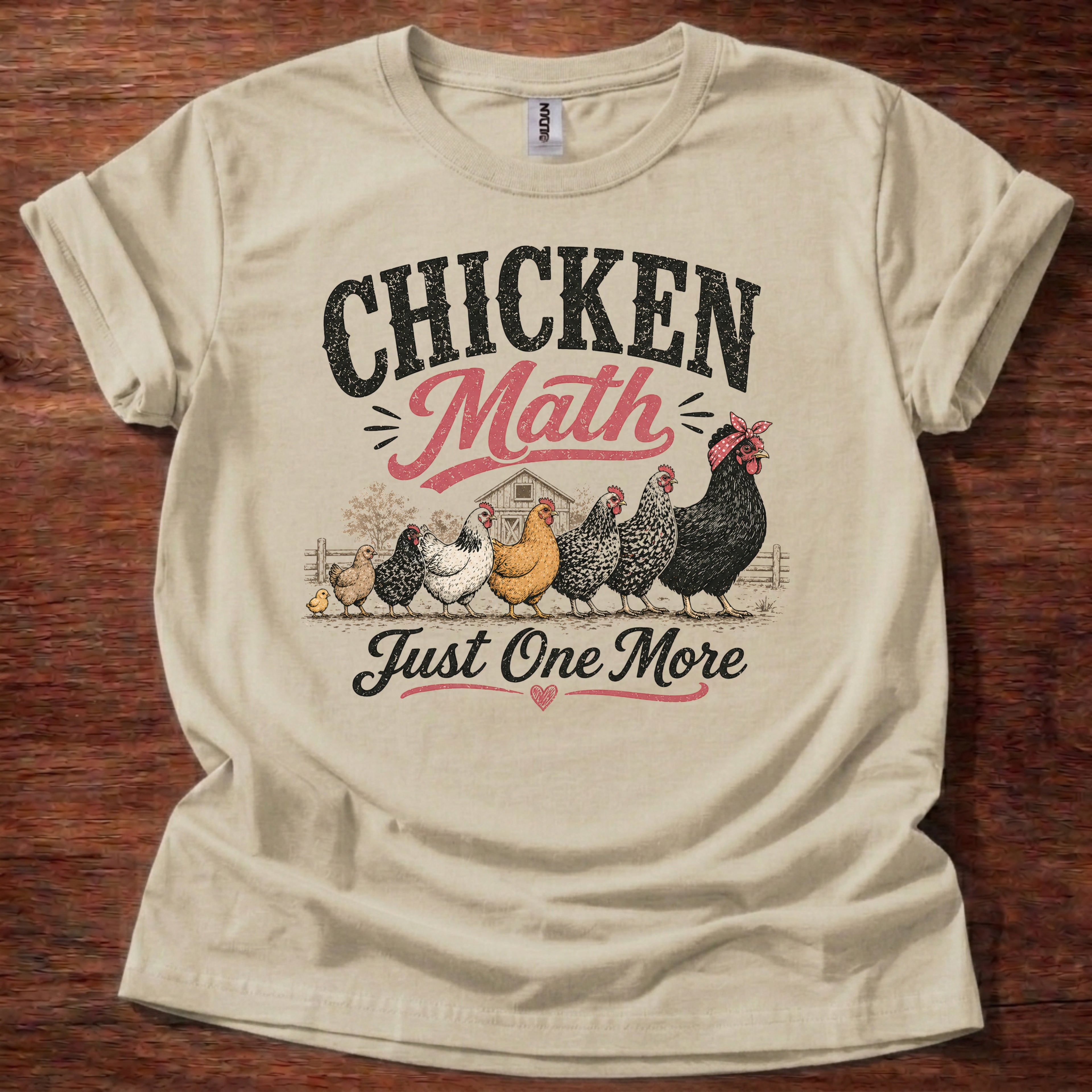 Sand Color Chicken Math Just One More shirt with multiple chickens graphic on beige t-shirt, funny chicken lover farm life design