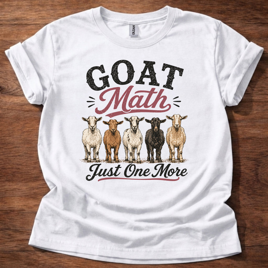 White Goat Math Just One More shirt with multiple goats graphic on beige t-shirt, funny goat lover farm life design