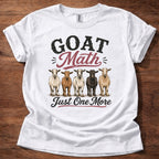 White Goat Math Just One More shirt with multiple goats graphic on beige t-shirt, funny goat lover farm life design