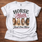 White Horse Math Just One More shirt with horse heads graphic on beige t-shirt, funny horse lover barn life design