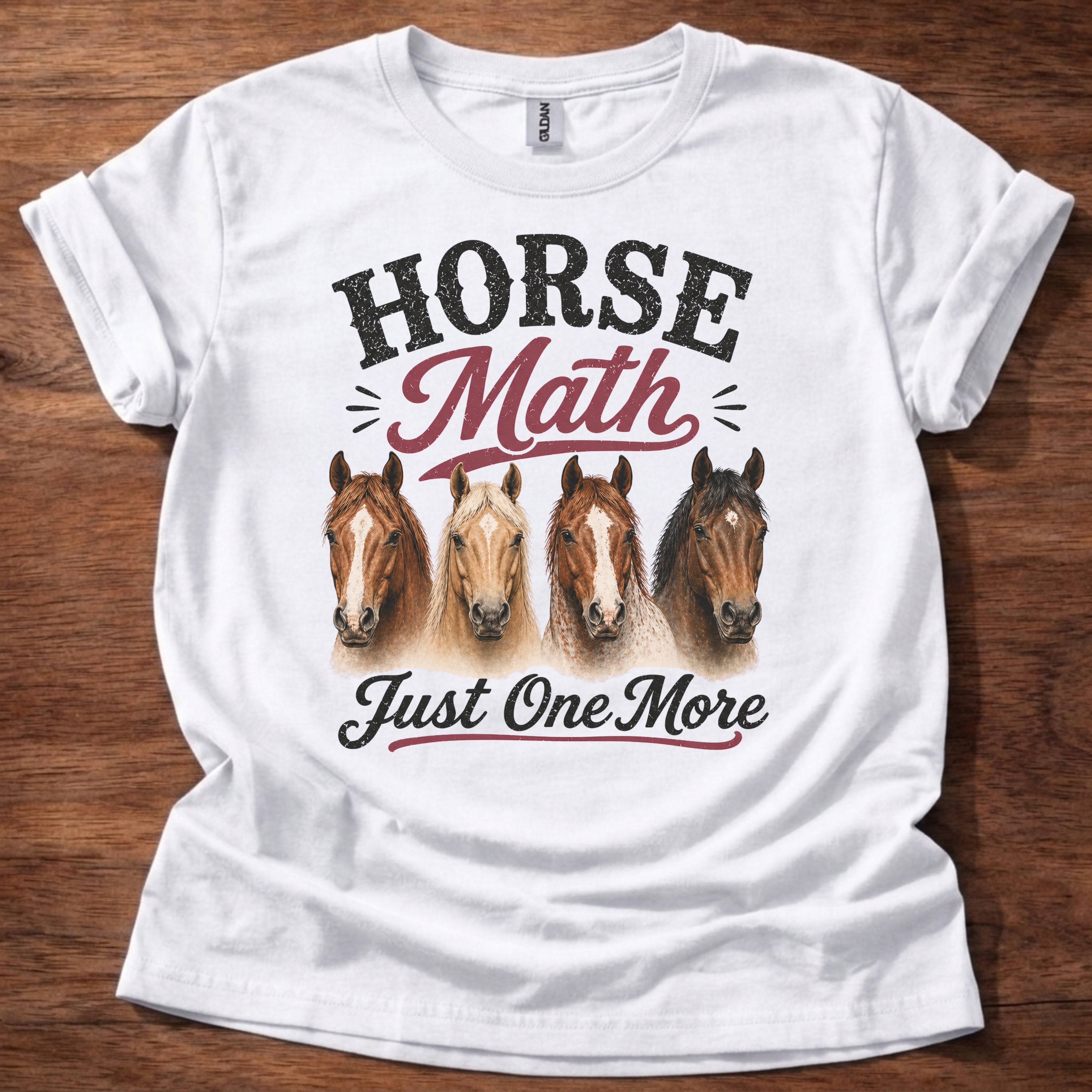 White Horse Math Just One More shirt with horse heads graphic on beige t-shirt, funny horse lover barn life design
