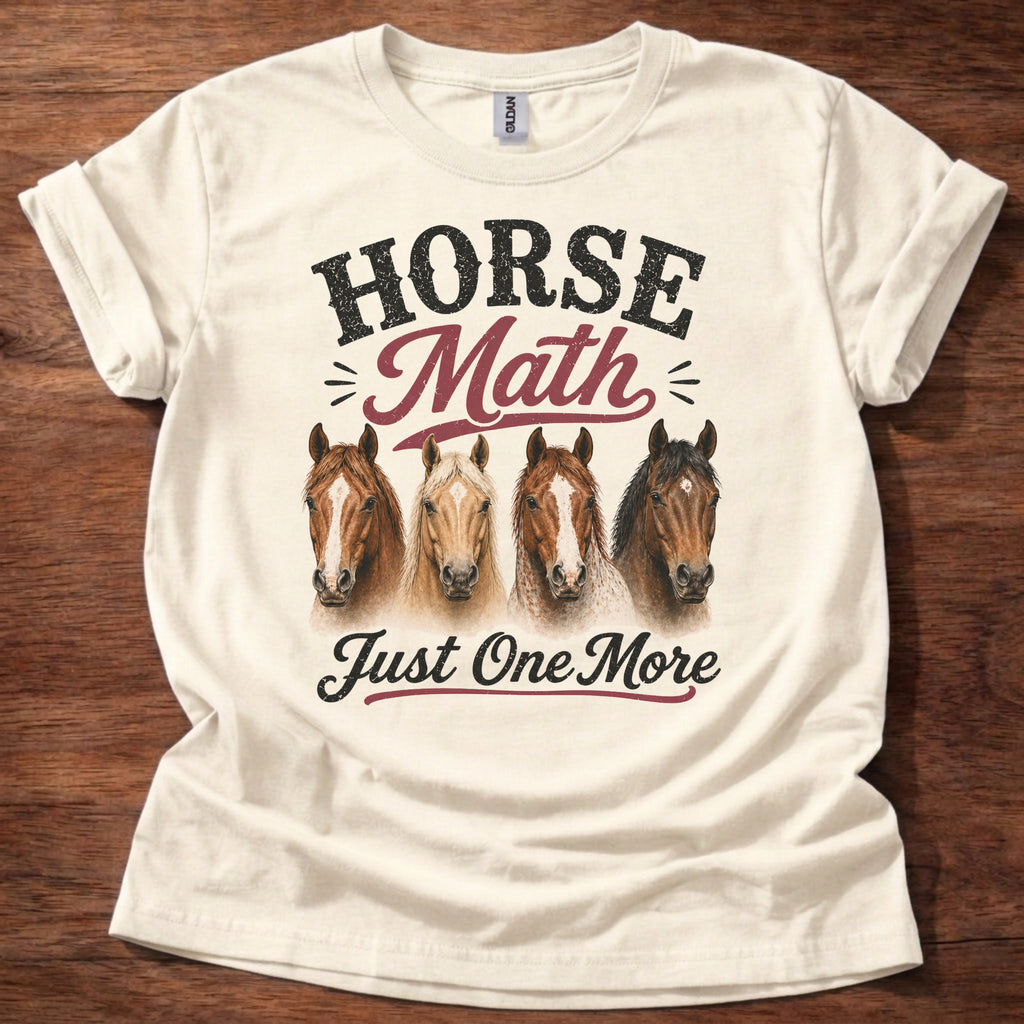 Natural Horse Math Just One More shirt with horse heads graphic on beige t-shirt, funny horse lover barn life design
