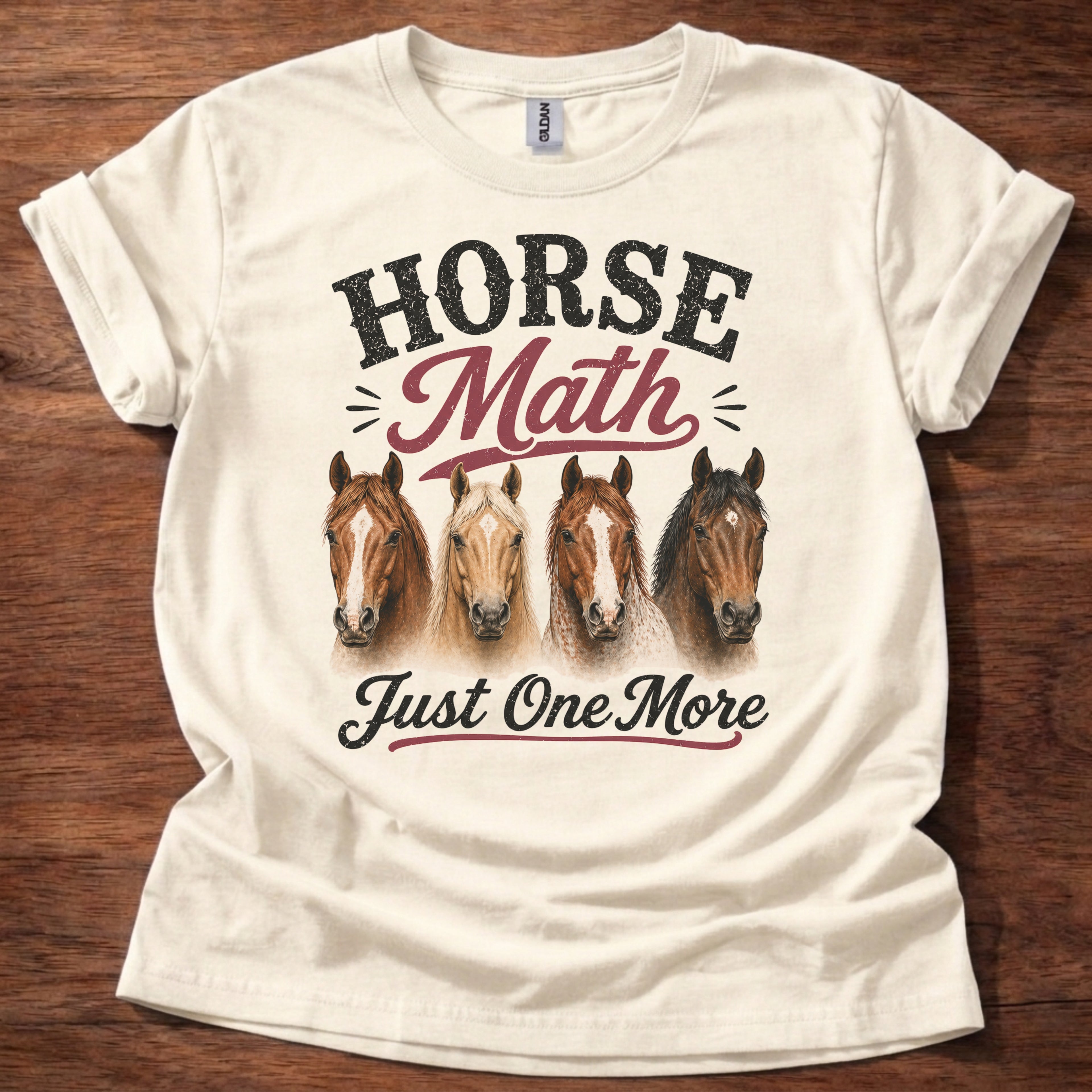 Natural Horse Math Just One More shirt with horse heads graphic on beige t-shirt, funny horse lover barn life design