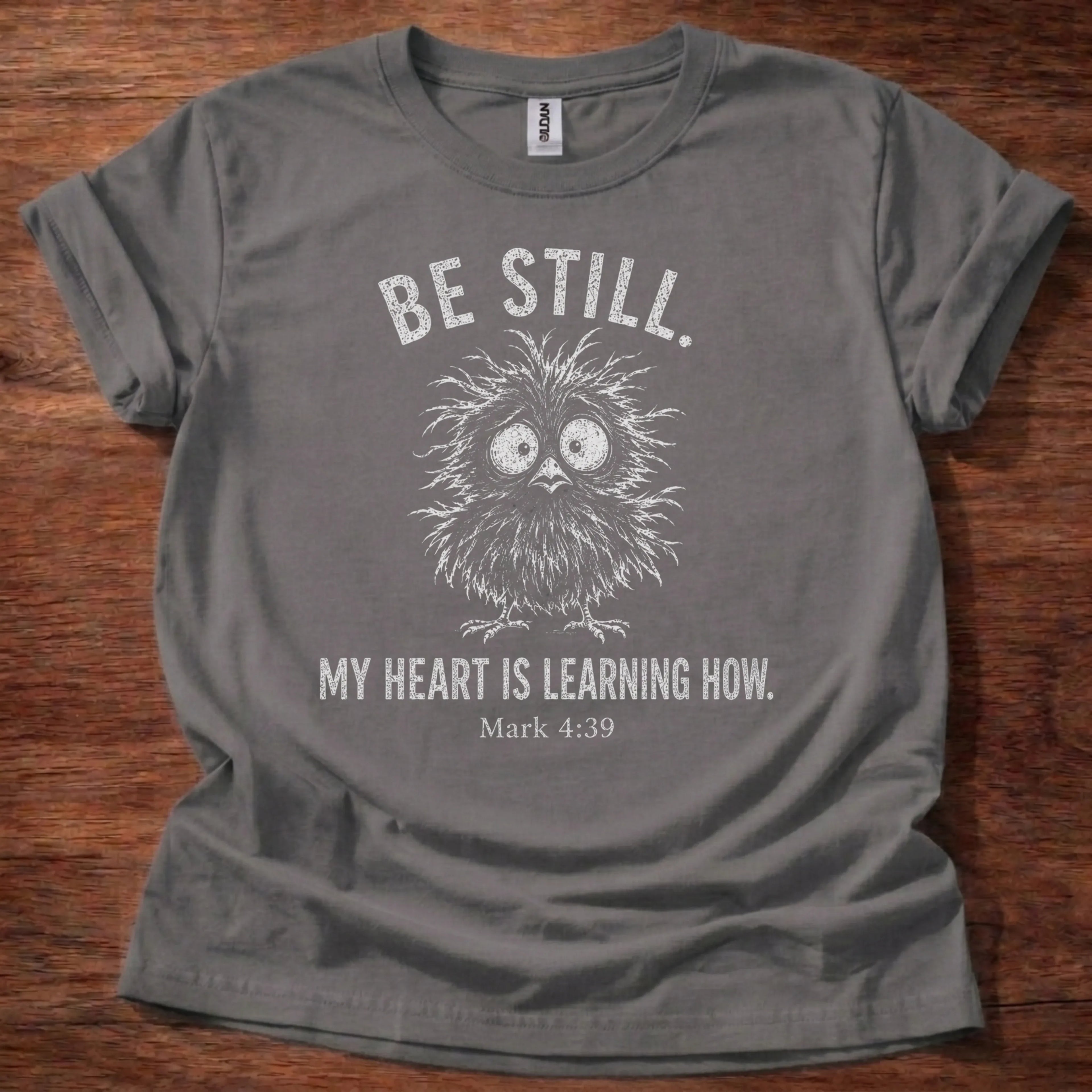 White fine-line owl illustration t-shirt with the text 'Be Still. My Heart Is Learning How.' and Mark 4:39
