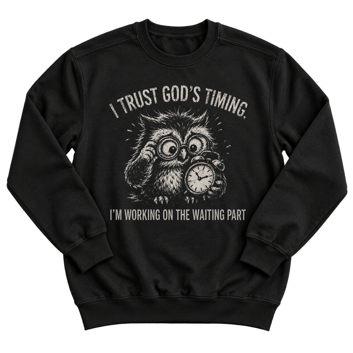 Black crewneck sweatshirt with a frazzled owl in glasses clutching a clock and the words I Trust God's Timing. I'm Working On The Waiting Part.
