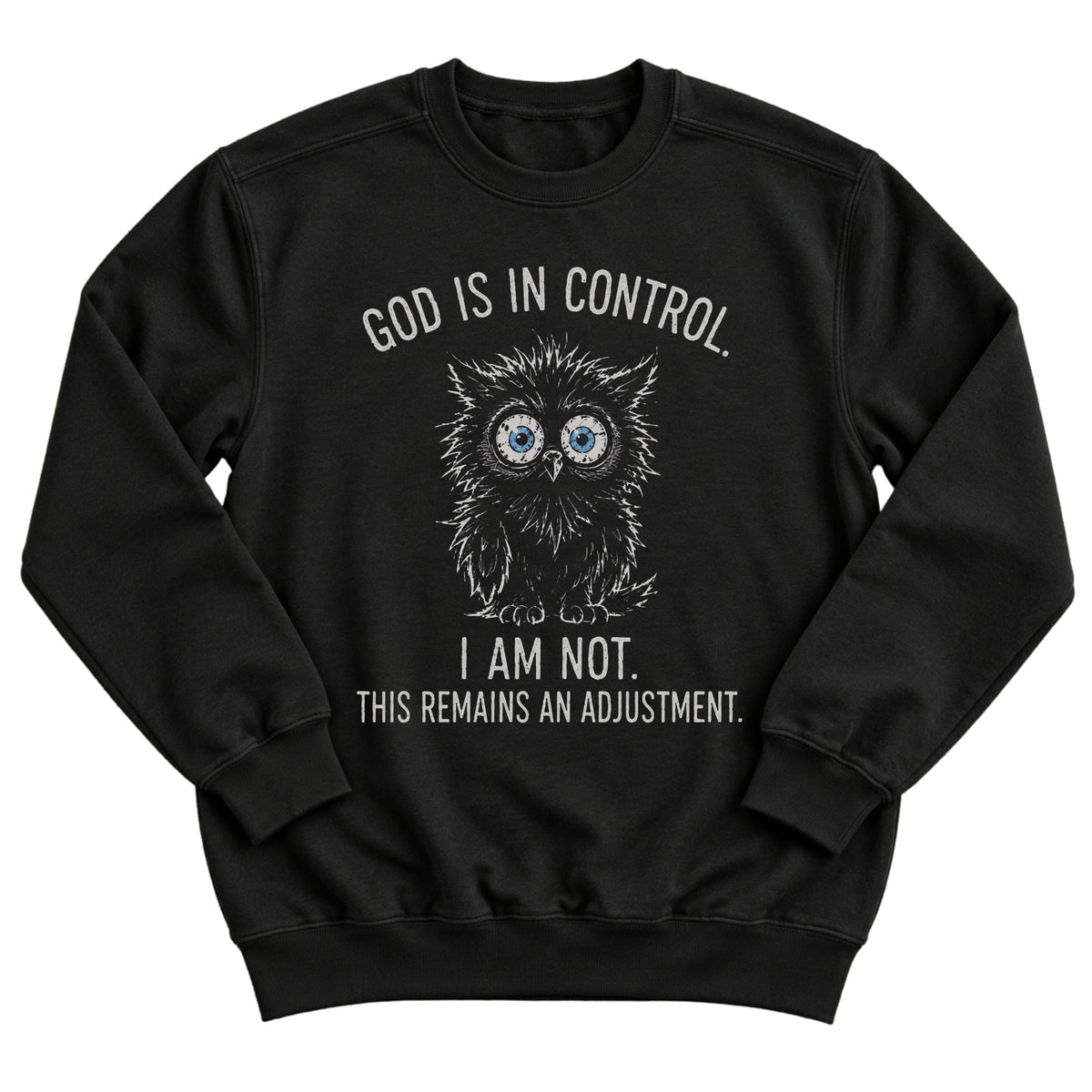 Black crewneck sweatshirt with a fluffy, wide-eyed owl illustration and the words God Is In Control. I Am Not. This Remains An Adjustment.