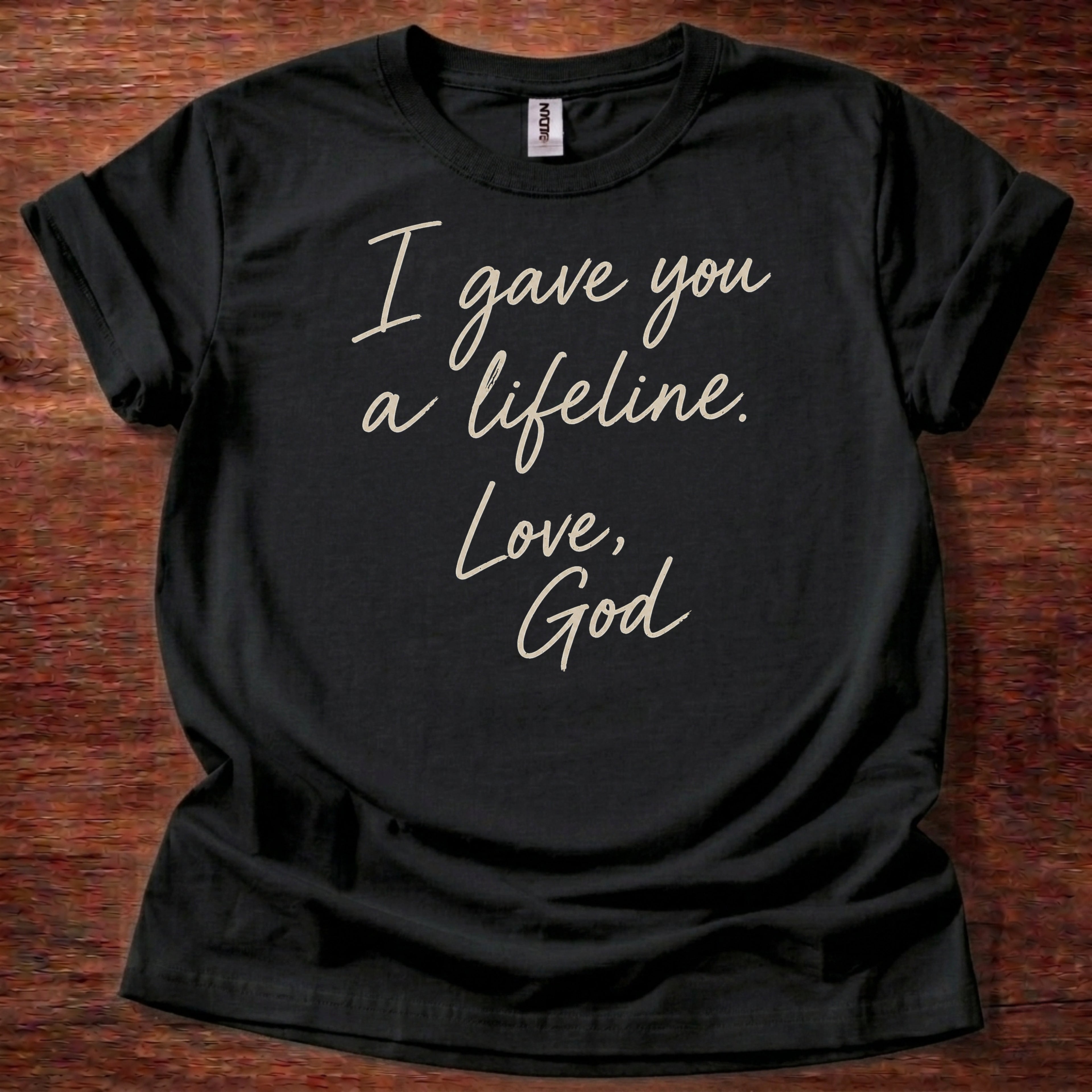 Black Christian t-shirt with handwritten note text reading I gave you a lifeline Love God