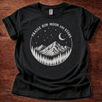 Black Christian t-shirt with mountain moon and stars design reading Praise Him Moon and Stars Psalm 148:3