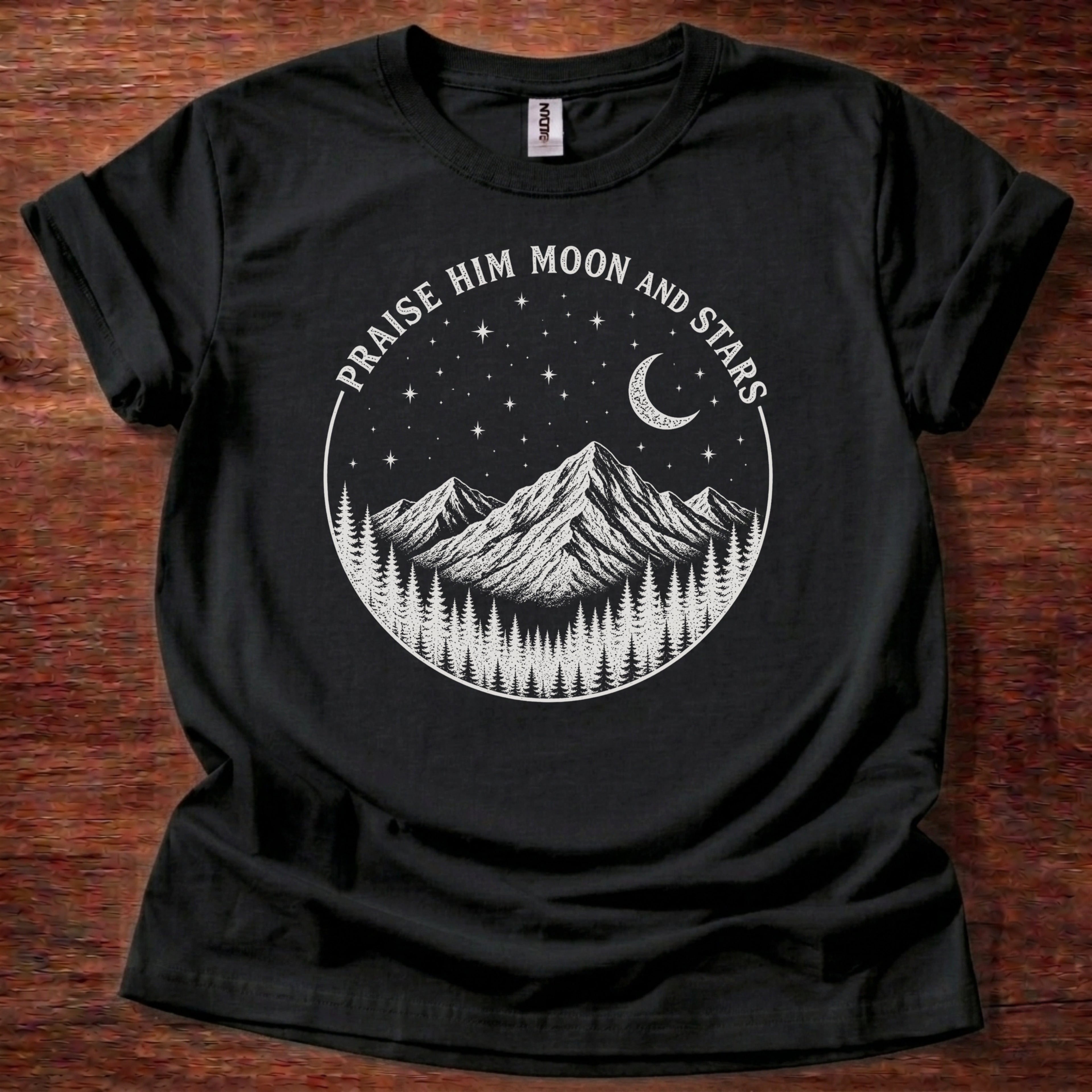 Black Christian t-shirt with mountain moon and stars design reading Praise Him Moon and Stars Psalm 148:3