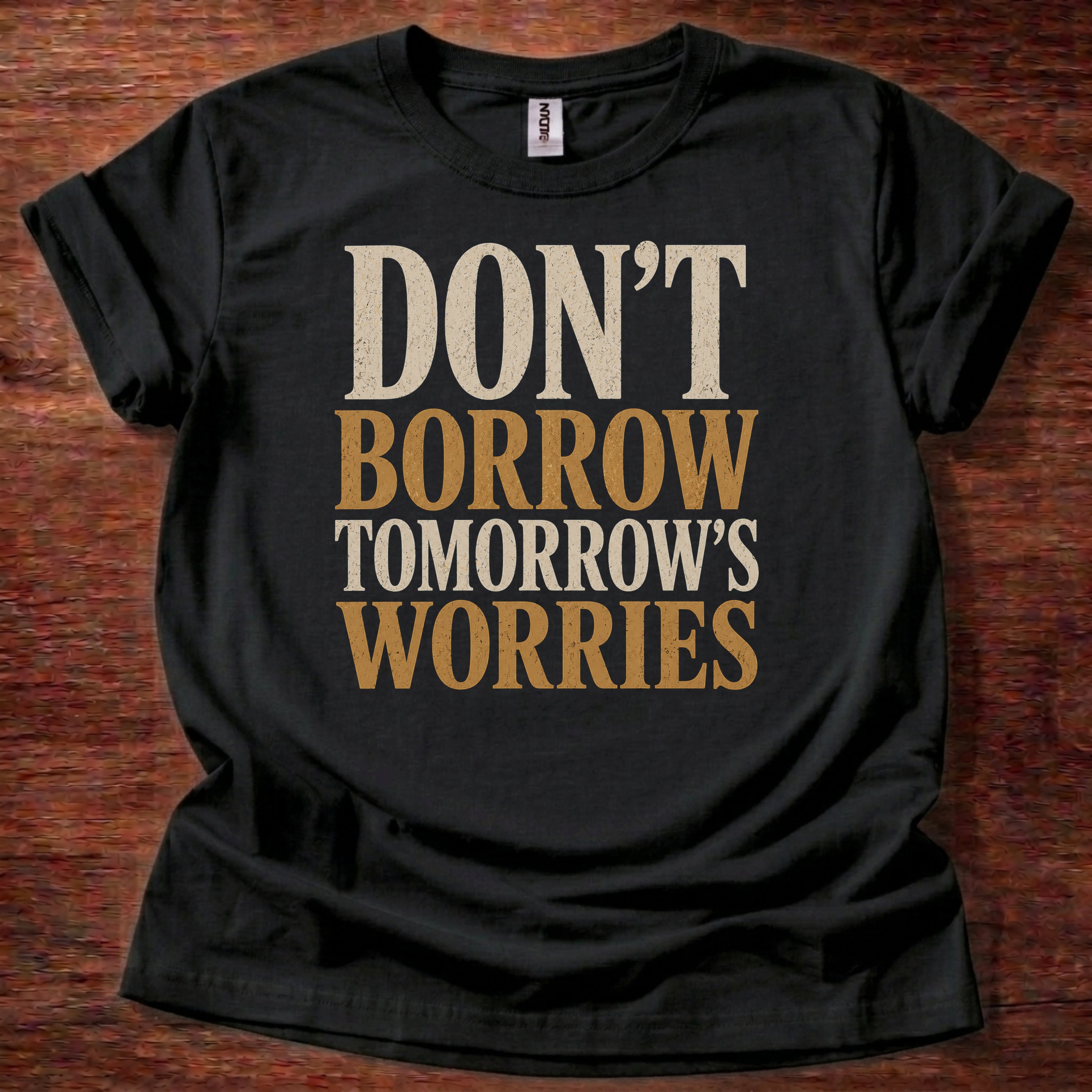 Black Don’t Borrow Tomorrow’s Worries Christian shirt with bold vintage typography design on navy background, Matthew 6:34 inspired faith tee