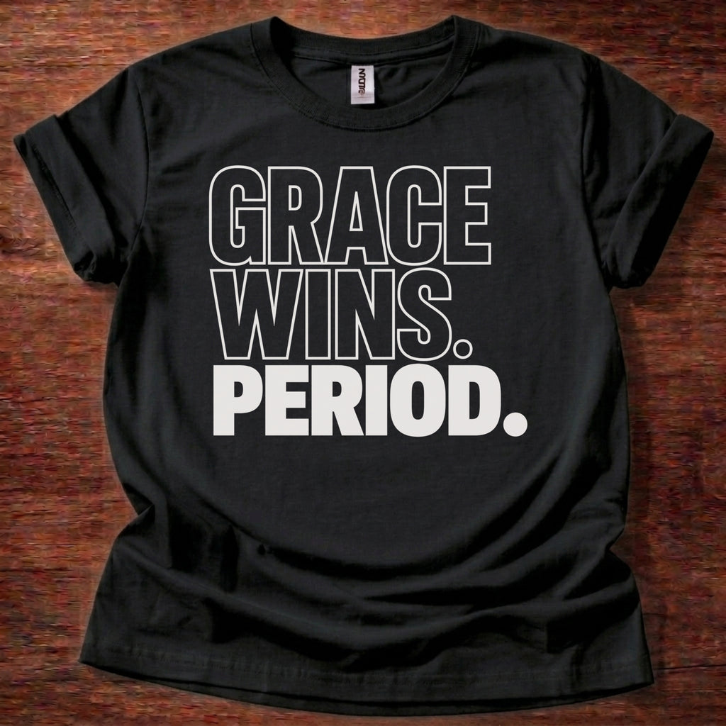 Black Grace Wins Period Christian t-shirt with bold block lettering faith statement design