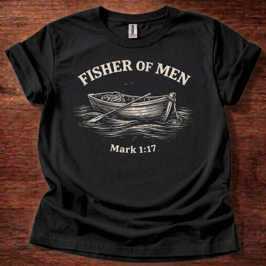 Black: The Fisher of Men T-Shirt is a Christian graphic tee inspired by Mark 1:17, where Jesus calls His disciples to follow Him. A meaningful gift for Christian men, fishermen, or anyone answering God's call to discipleship.