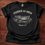 Black: The Fisher of Men T-Shirt is a Christian graphic tee inspired by Mark 1:17, where Jesus calls His disciples to follow Him. A meaningful gift for Christian men, fishermen, or anyone answering God's call to discipleship.