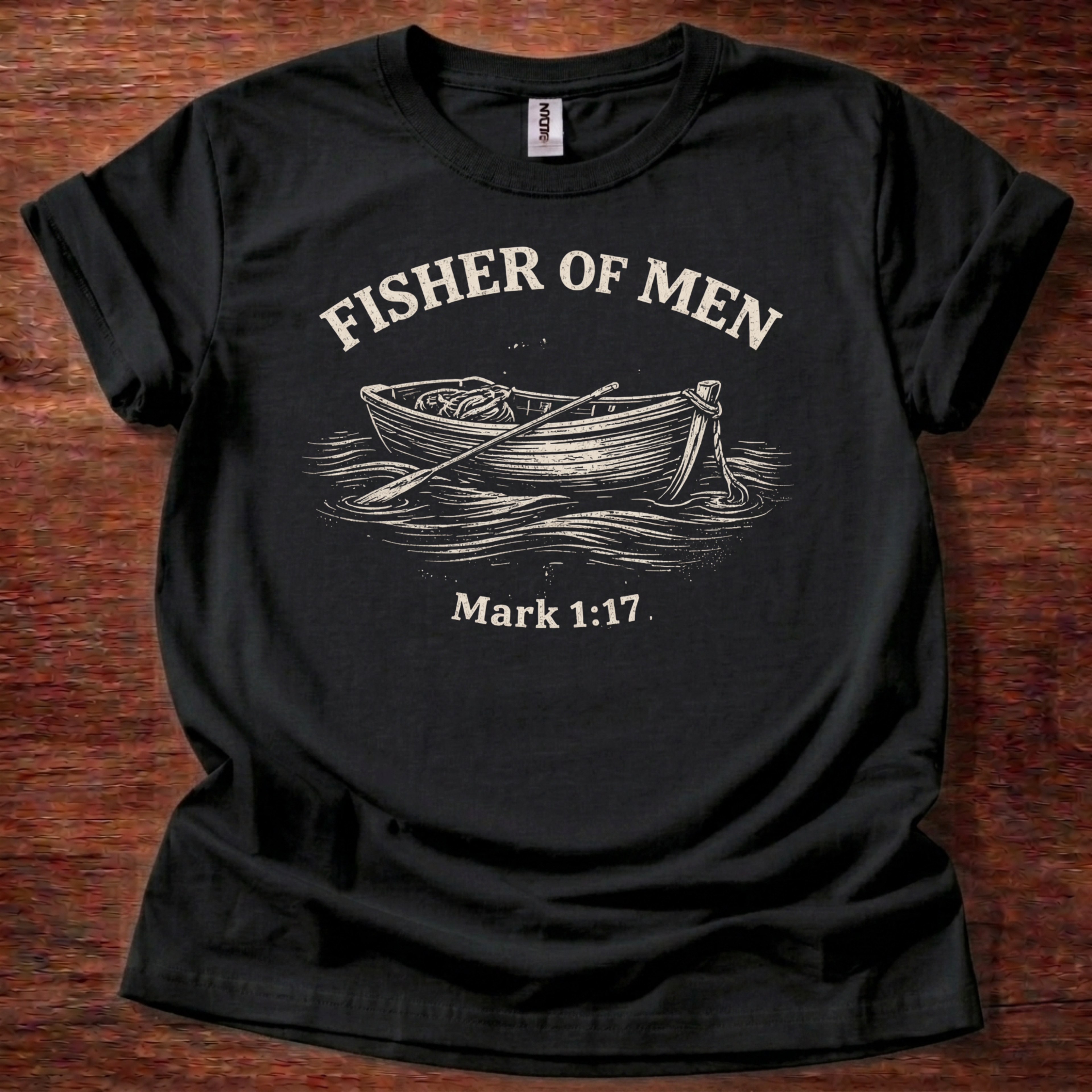Black: The Fisher of Men T-Shirt is a Christian graphic tee inspired by Mark 1:17, where Jesus calls His disciples to follow Him. A meaningful gift for Christian men, fishermen, or anyone answering God's call to discipleship.