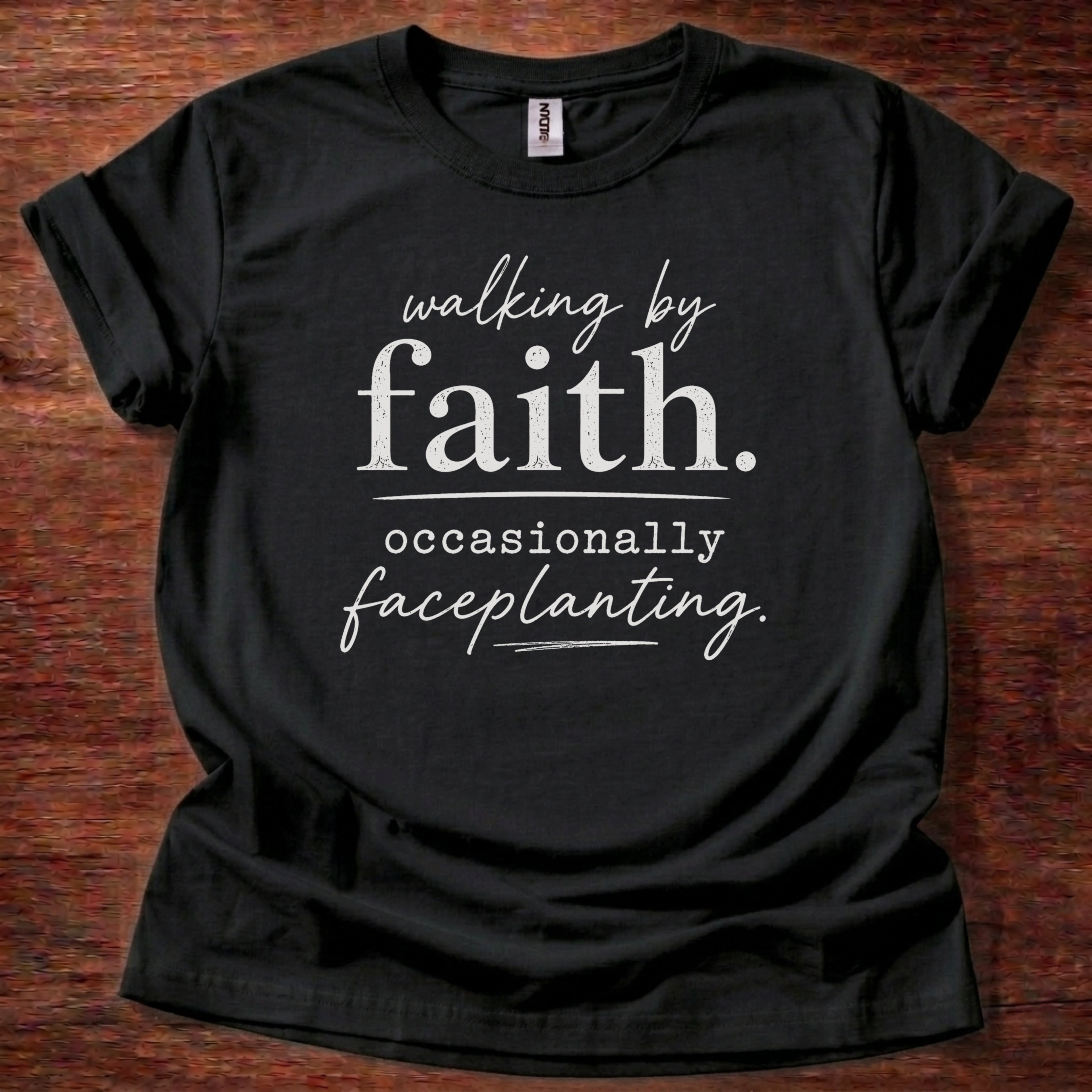 Black Walking by Faith Faceplanting T-Shirt | Funny Christian Shirt