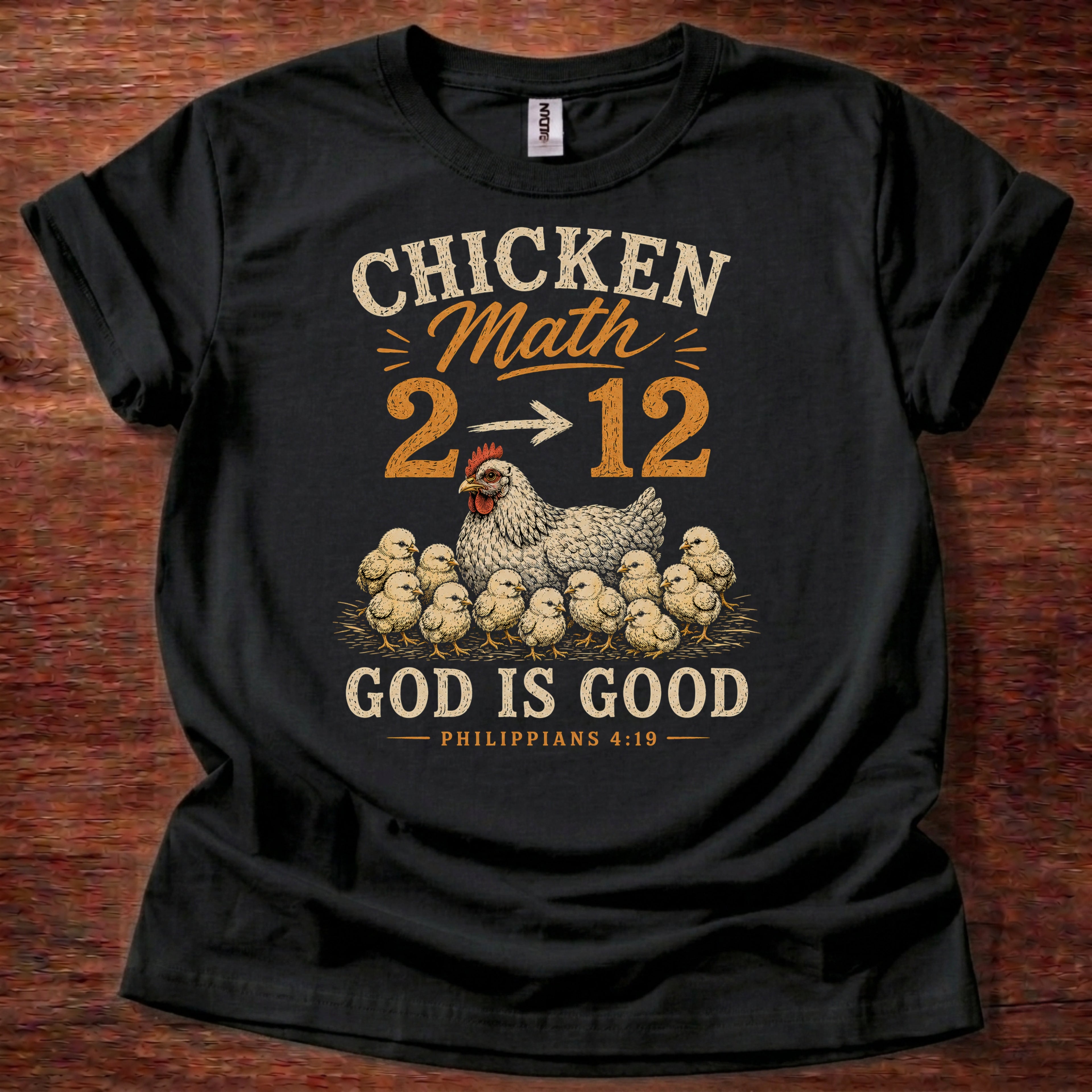 Black Chicken Math God Is Good Christian chicken shirt inspired by Philippians 4:19 with hen and chicks graphic design