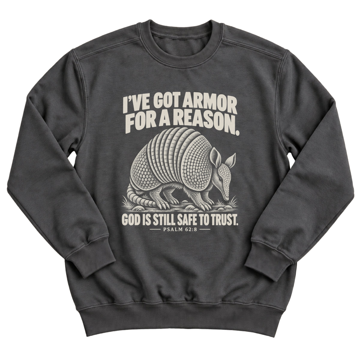 Charcoal crewneck sweatshirt with a detailed armadillo illustration and the words I've Got Armor For A Reason. God Is Still Safe To Trust. Psalm 62:8