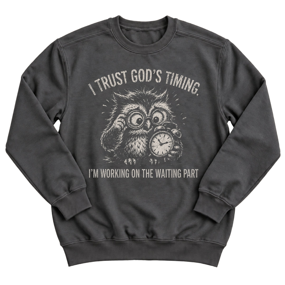Charcoal crewneck sweatshirt with a frazzled owl in glasses clutching a clock and the words I Trust God's Timing. I'm Working On The Waiting Part.