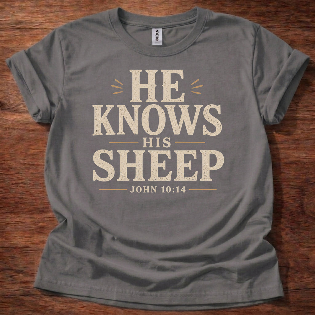 Charcoal He Knows His Sheep Christian shirt John 10:14 Bible verse t-shirt with vintage typography design