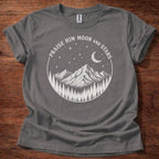 Charcoal Christian t-shirt with mountain moon and stars design reading Praise Him Moon and Stars Psalm 148:3