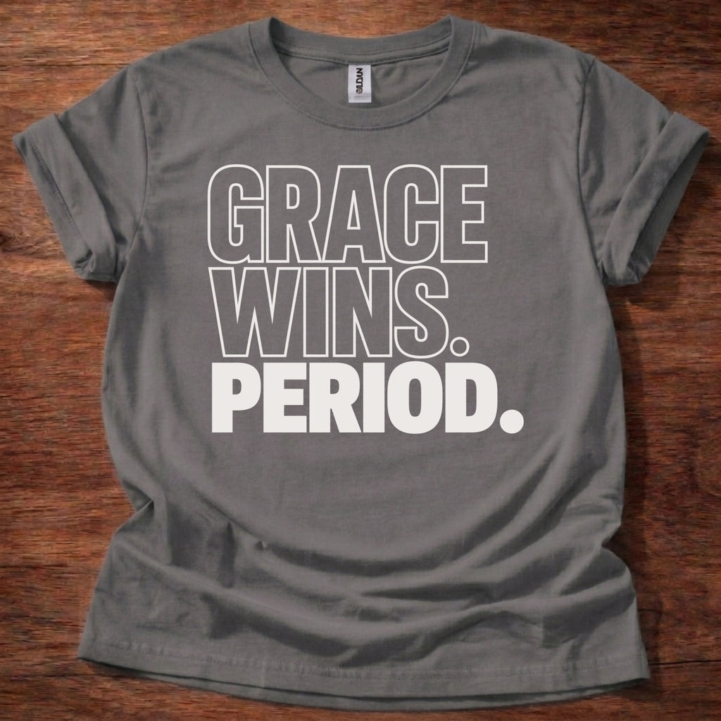 Charcoal Grace Wins Period Christian t-shirt with bold block lettering faith statement design