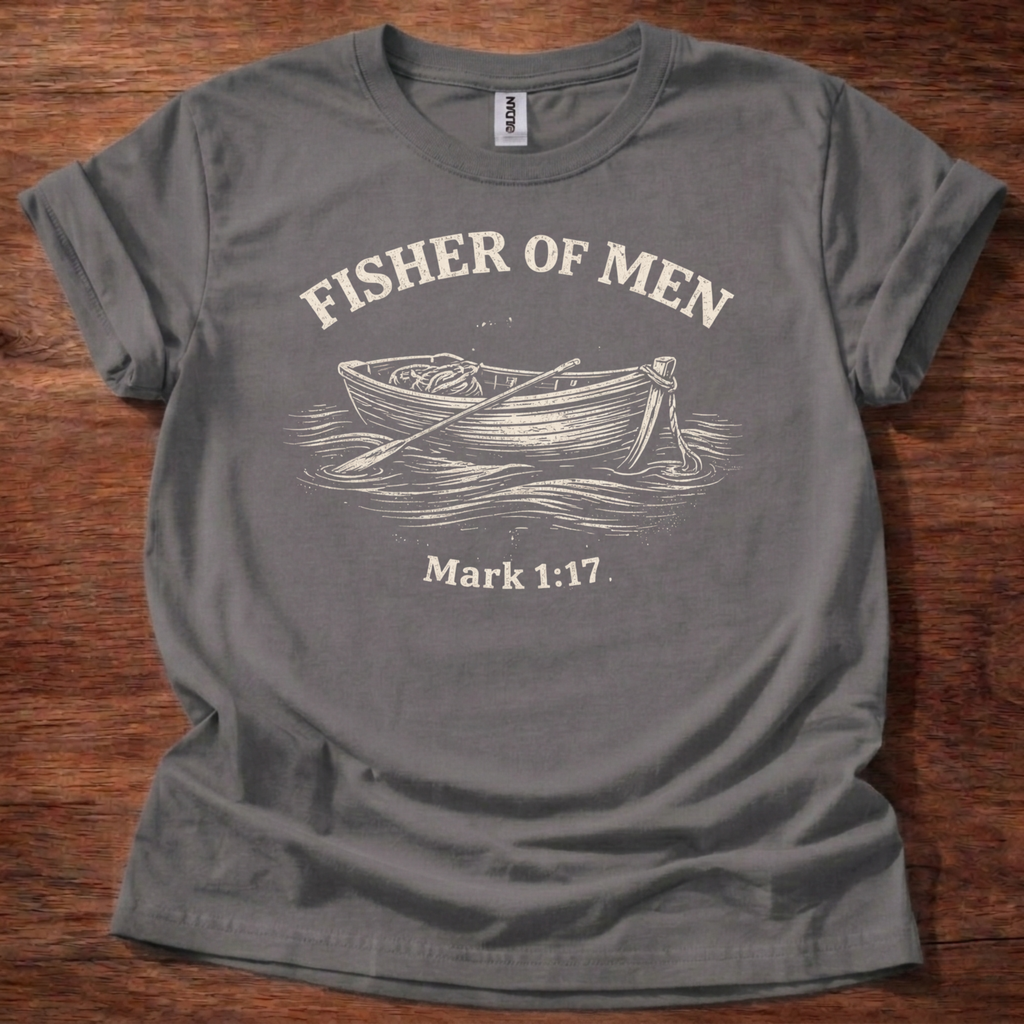 Charcoal: The Fisher of Men T-Shirt is a Christian graphic tee inspired by Mark 1:17, where Jesus calls His disciples to follow Him. A meaningful gift for Christian men, fishermen, or anyone answering God's call to discipleship.