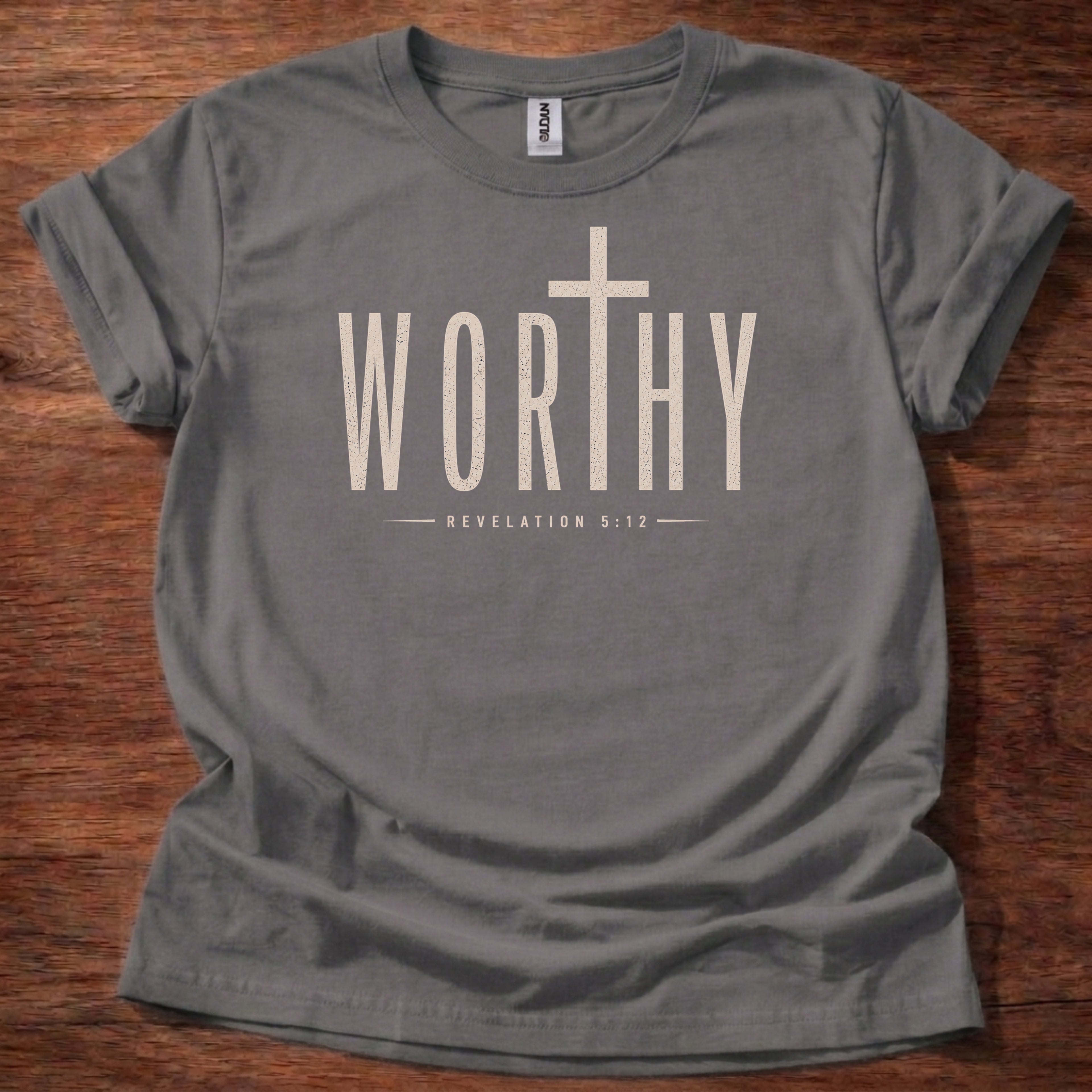 Charcoal Worthy Christian t-shirt with cross design inspired by Revelation 5:12 worship message