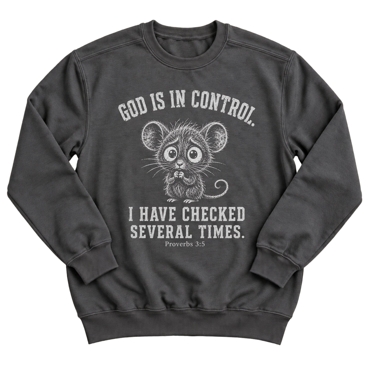 Charcoal crewneck sweatshirt with a nervous, wide-eyed mouse illustration and the words God Is In Control. I Have Checked Several Times. Proverbs 3:5