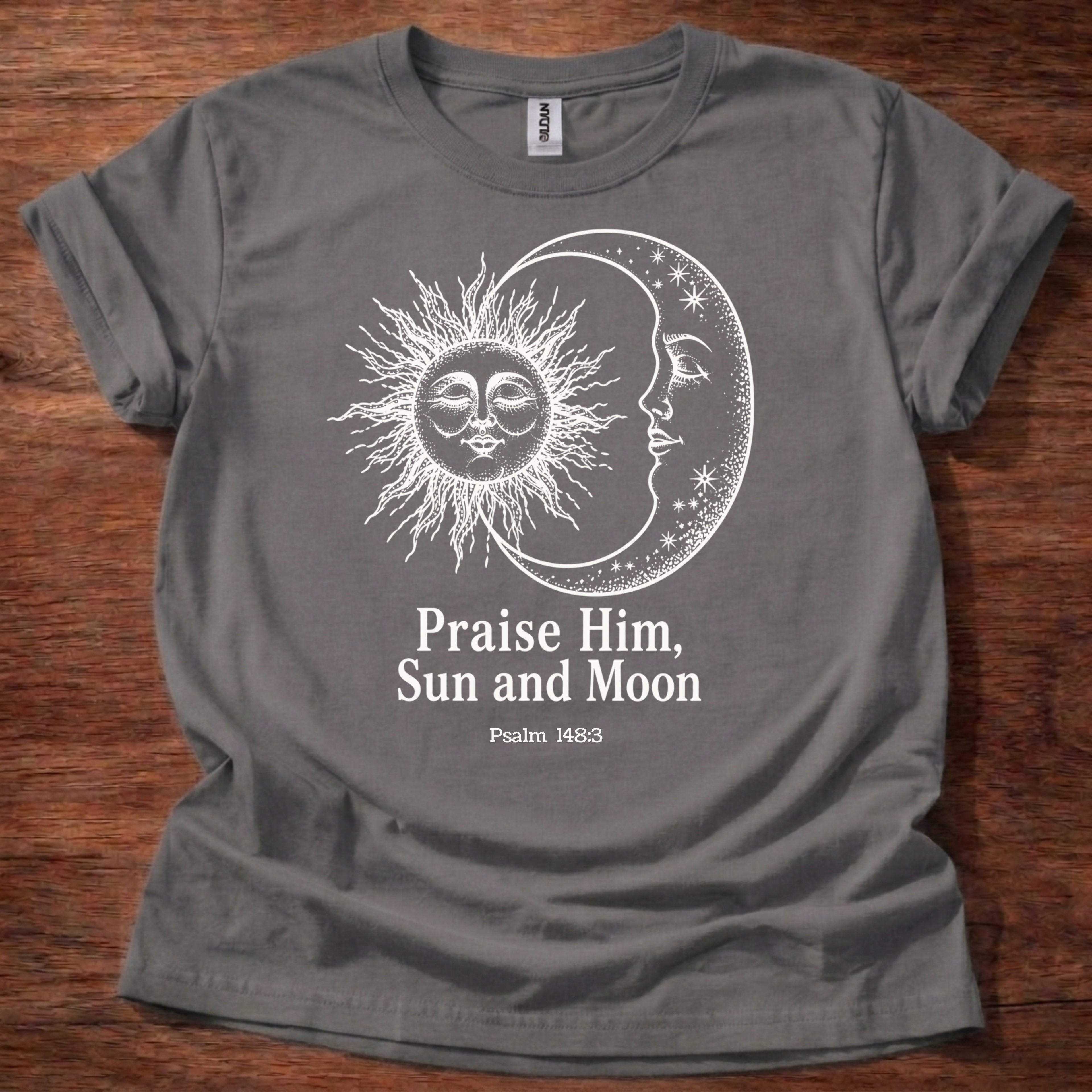 Charcoal t-shirt featuring a sun and moon celestial design with the text “Praise Him, Sun and Moon Psalm 148:3” printed on the front
