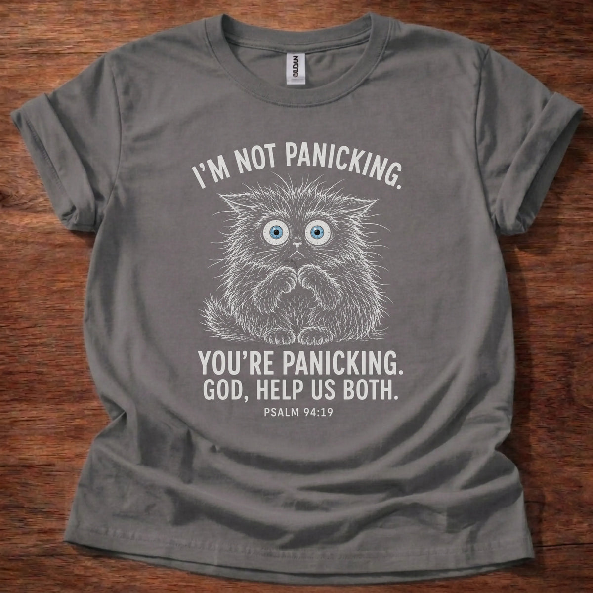 White fine-line cat illustration t-shirt with the text 'I'm Not Panicking. You're Panicking. God, Help Us Both.' and Psalm 94:19