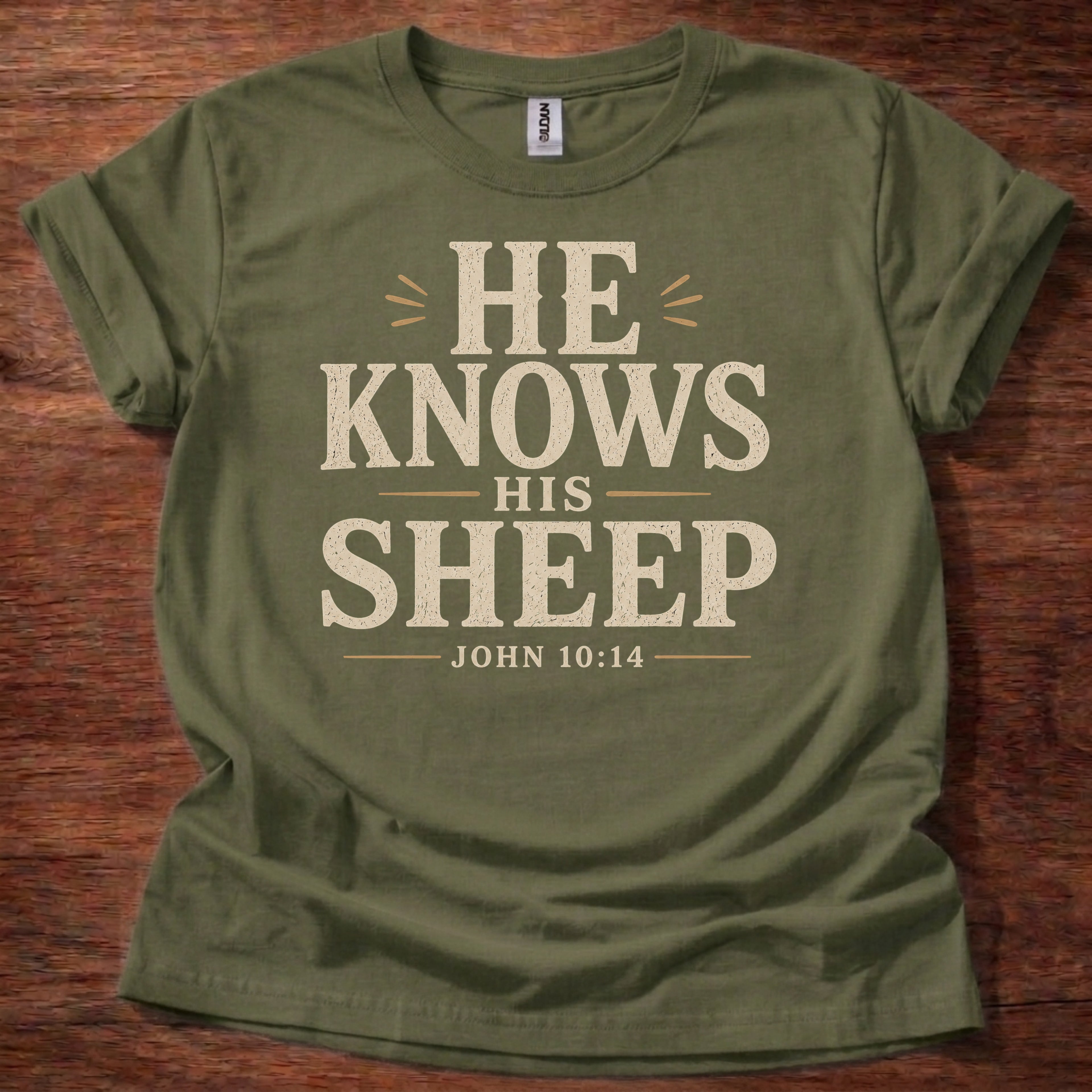 Military Green He Knows His Sheep Christian shirt John 10:14 Bible verse t-shirt with vintage typography design